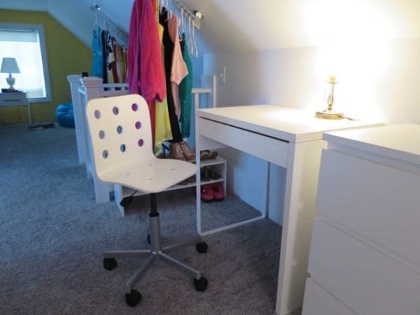 Child's desk and chair for doing homework (IKEA Micke desk and Junior Jules swivel chair)