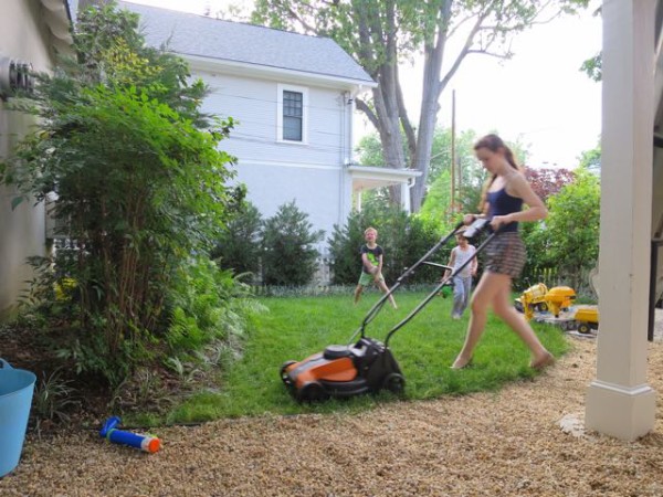 Cutting the grass with a battery-powered lawnmower.