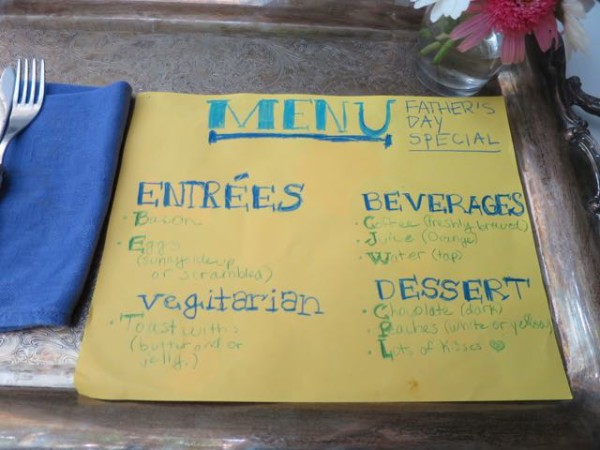 Father's Day breakfast-in-bed menu that the kids made.